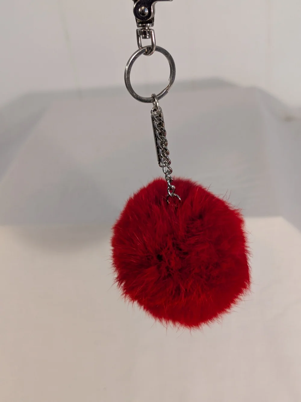 Red Faux Fur Pom Pom Keychain with Silver Hardware